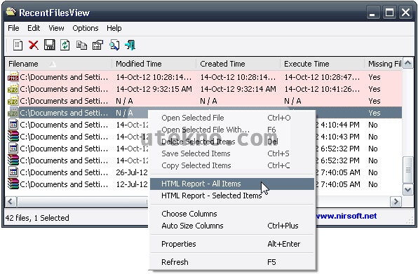 NirSoft RecentFilesView Export HTML