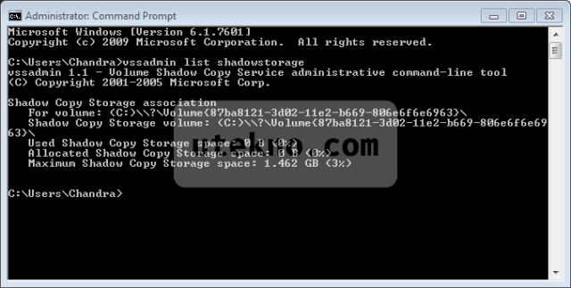 windows 7 command prompt vssadmin list shadowstorage