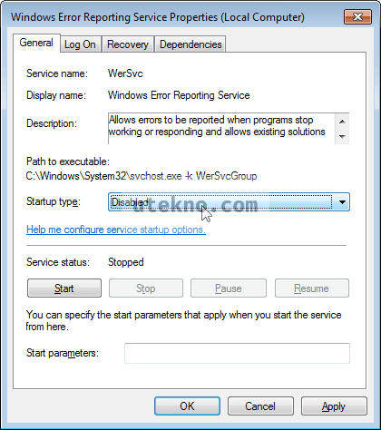 windows-7-windows-error-reporting-service-properties