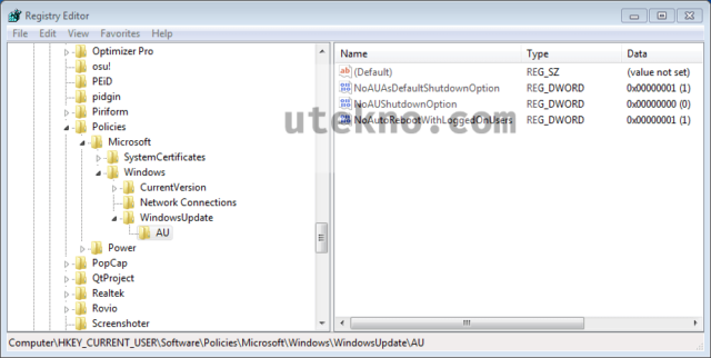 registry editor hkey current user windowsupdate au