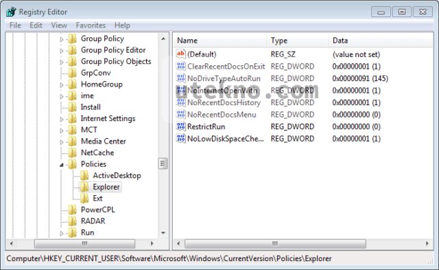 registry editor hkey current user policies explorer