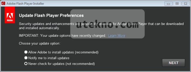 adobe flash player installer update option