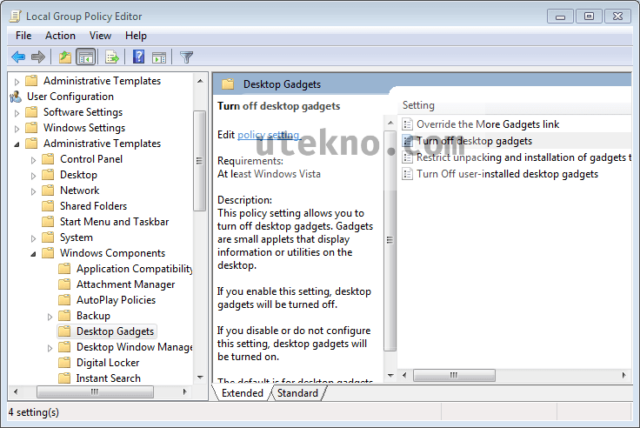 gpedit user configuration desktop gadgets