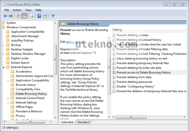 gpedit user configuration delete browsing history