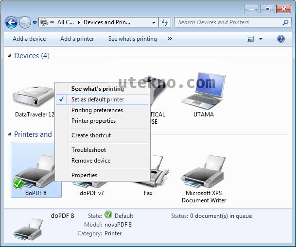 windows 7 devices printers set default printer