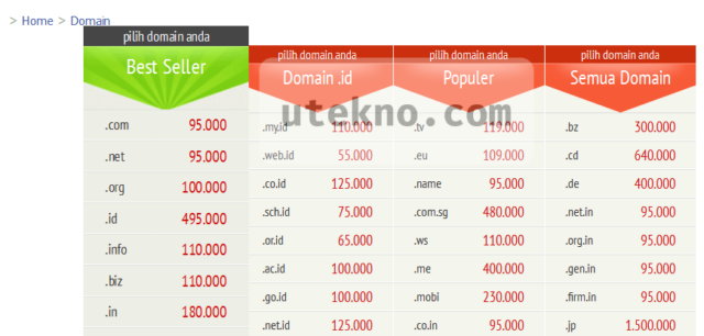 idwebhost daftar harga domain