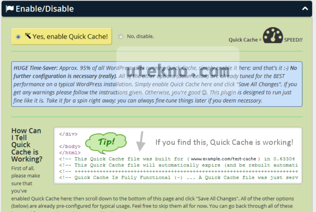 quick cache enable disable