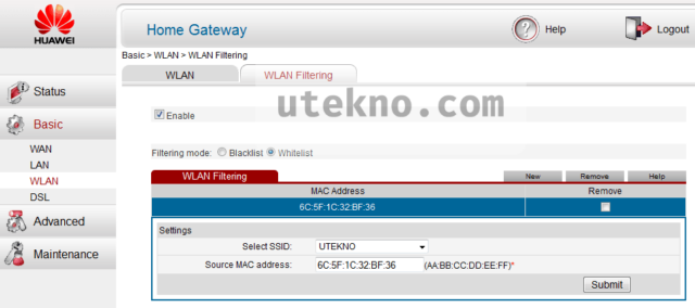 huawei hg532e basic wlan filtering