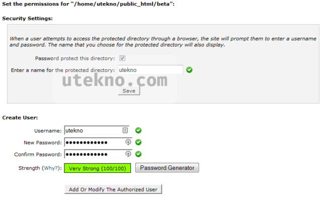 cpanel set the permissions for directory