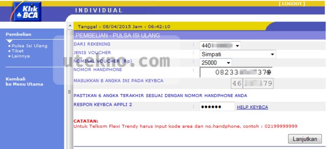 klikbca pembelian pulsa isi ulang