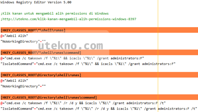 isi file registry untuk mengambil alih permissions Windows dengan klik kanan.