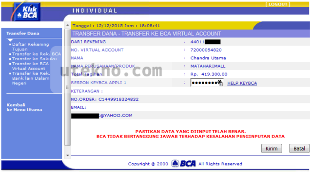 klikbca transfer pembayaran mataharimall virtual account
