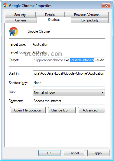 google chrome shortcut properties