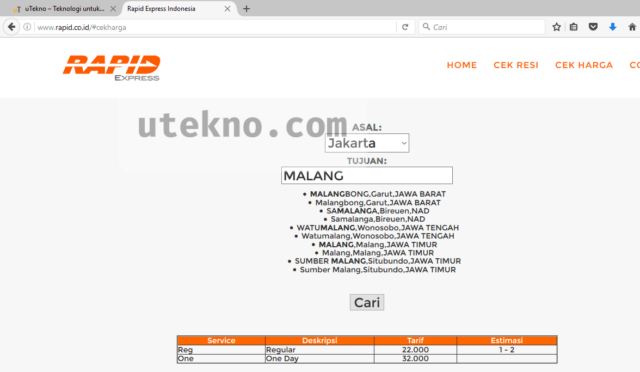 rapid express cek ongkir jakarta malang