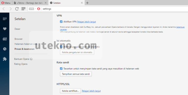 opera pengaturan privasi keamanan