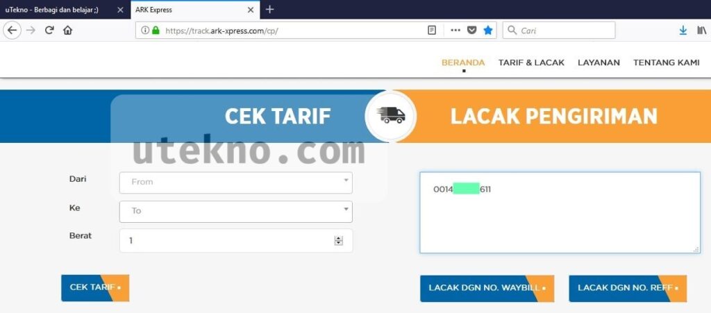 Cara cek resi Ark Xpress - utekno