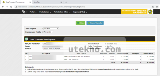 data transaksi pembayaran unmer